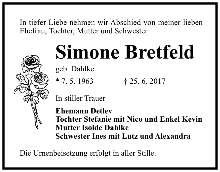 Traueranzeige Simone Bretfeld, geb. Dahlke