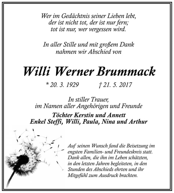 Danksagung Willi Werner Brummack