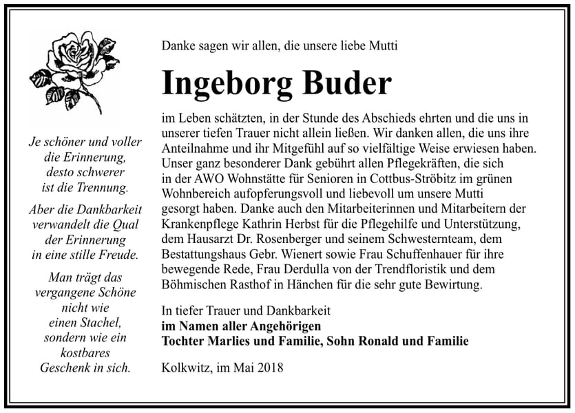 Danksagung Ingeborg Buder