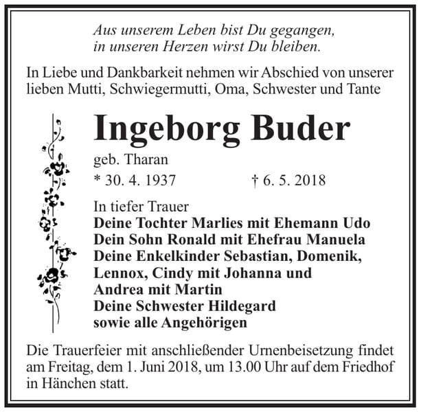 Traueranzeige Ingeborg Buder, geb. Tharan