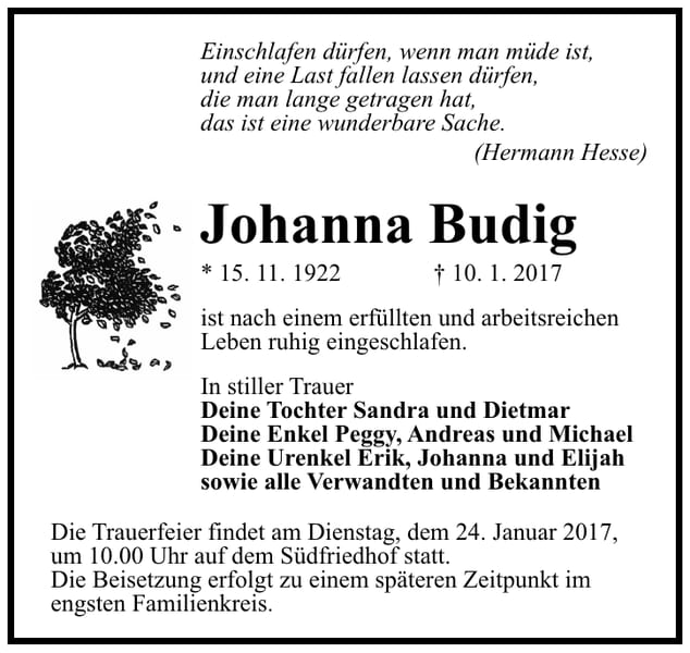Traueranzeige Johanna Budig
