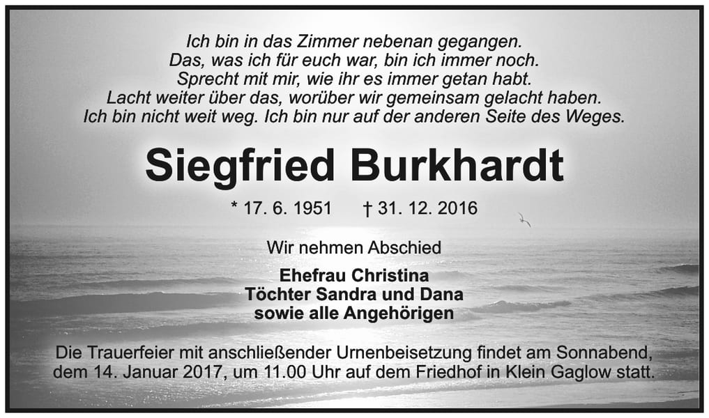 Traueranzeige Siegfried Burkhardt