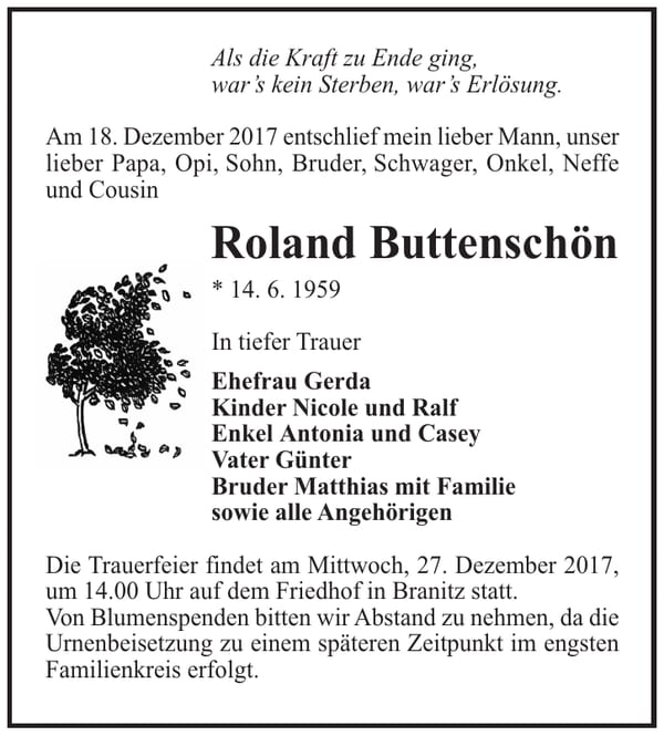 Traueranzeige Roland Buttenschön
