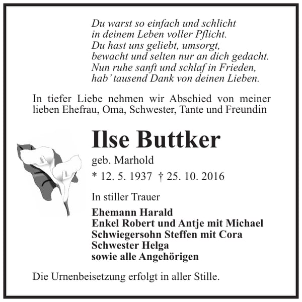 Traueranzeige Ilse Buttker, geb. Marhold