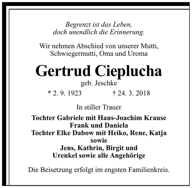 Traueranzeige Gertrud Cieplucha, geb. Jeschke