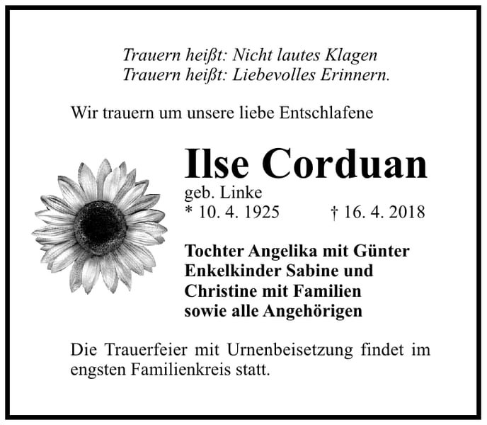 Traueranzeige Ilse Corduan, geb. Linke