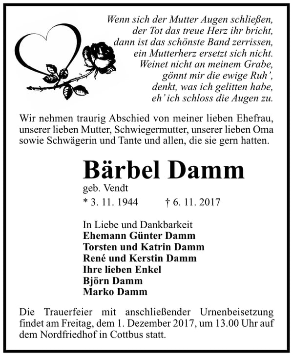 Traueranzeige Bärbel Damm, geb. Vendt