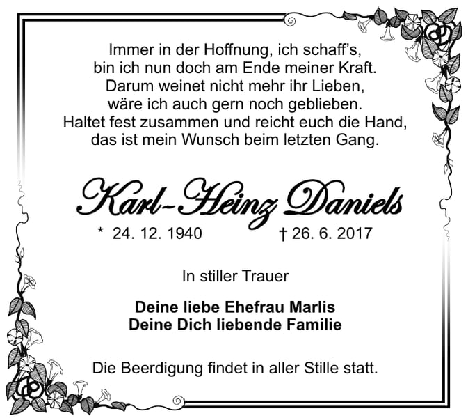 Traueranzeige Karl-Heinz Daniels