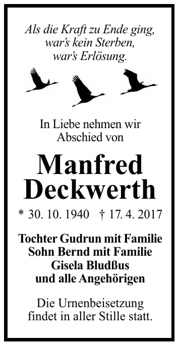 Traueranzeige Manfred Deckwerth