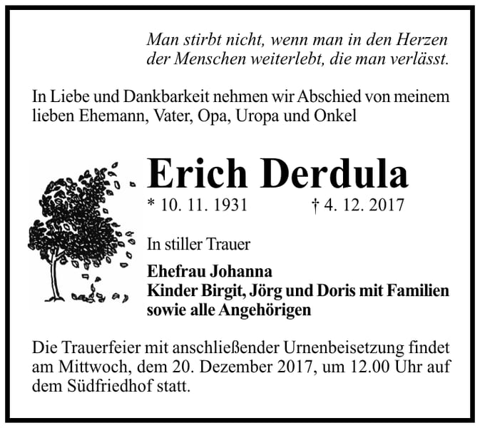 Traueranzeige Erich Derdula