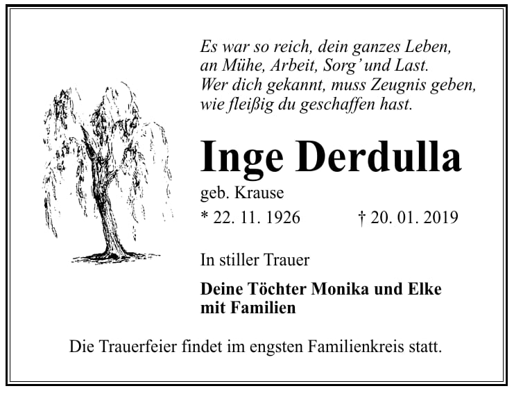 Traueranzeige Inge Derdulla, geb. Krause