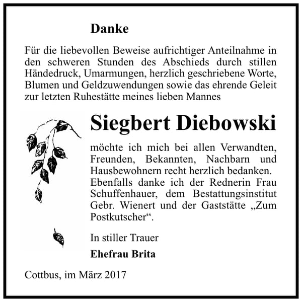Danksagung Siegbert Diebowski