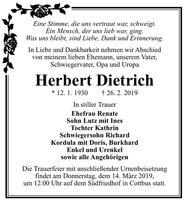Traueranzeige Herbert Dietrich