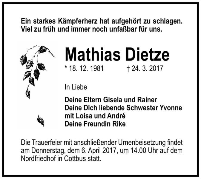 Traueranzeige Mathias Dietze