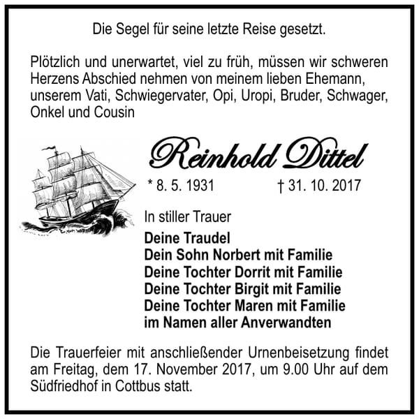 Traueranzeige Reinhold Dittel