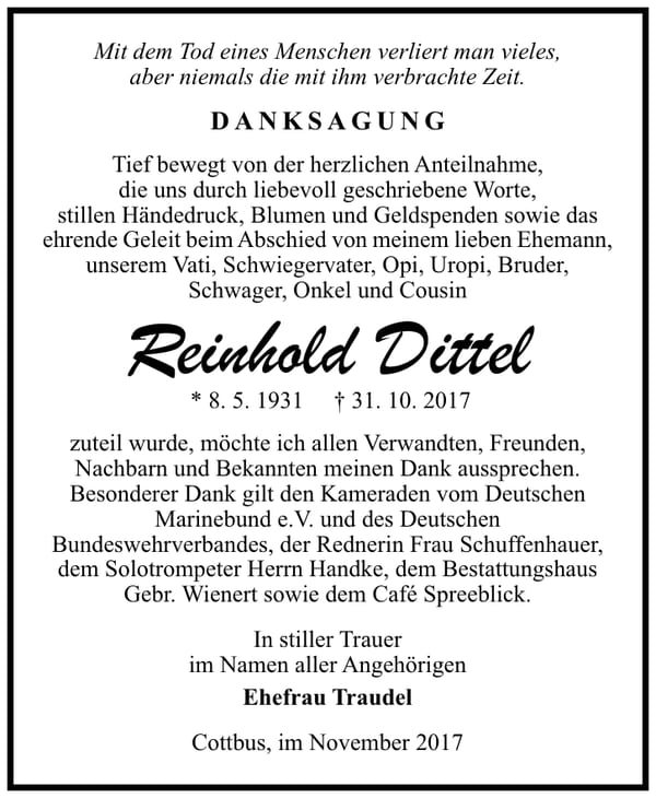 Danksagung Reinhold Dittel