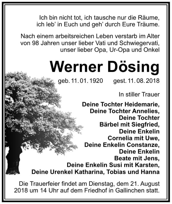 Traueranzeige Werner Dösing