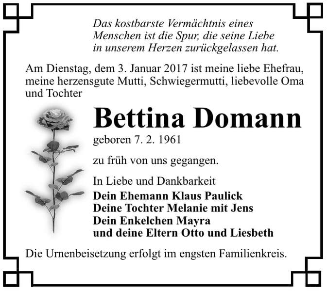 Traueranzeige Bettina Domann