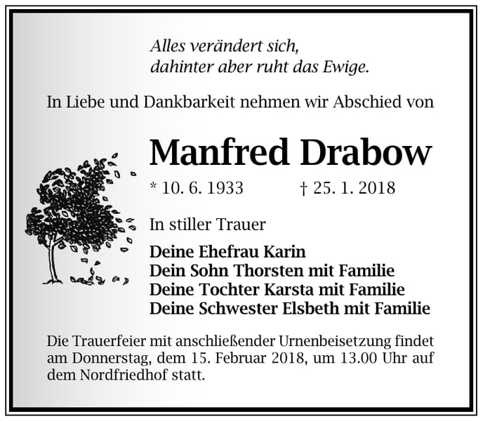 Traueranzeige Manfred Drabow