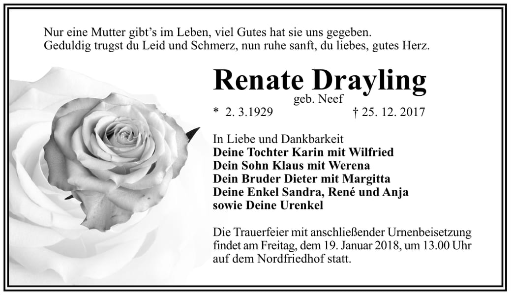 Traueranzeige Renate Drayling, geb. Neef