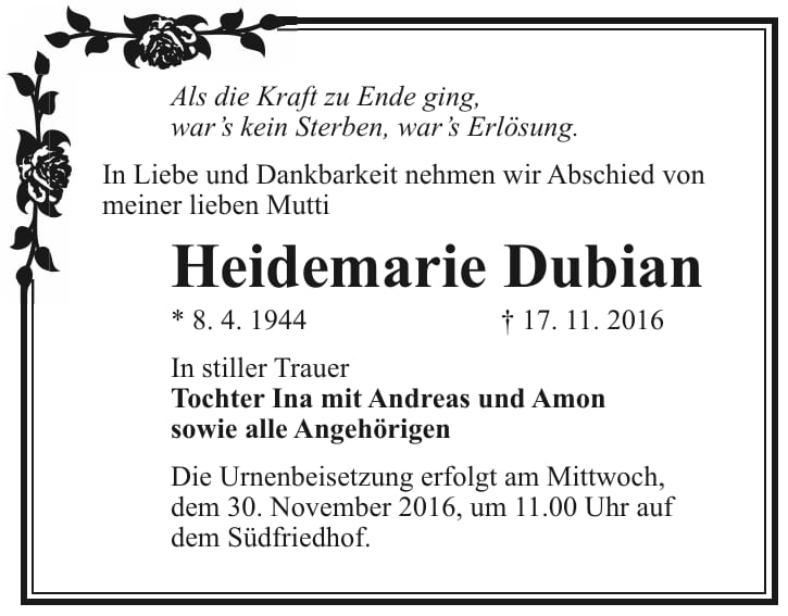 Traueranzeige Heidemarie Dubian