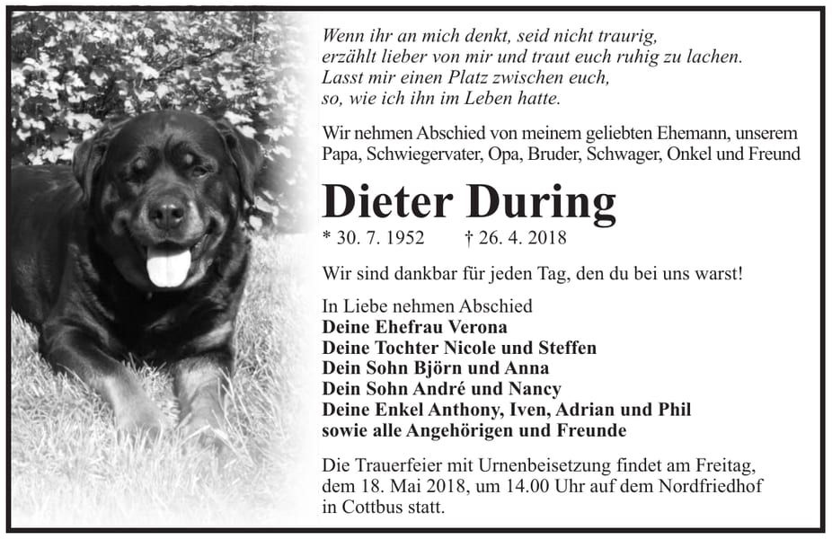 Traueranzeige Dieter During