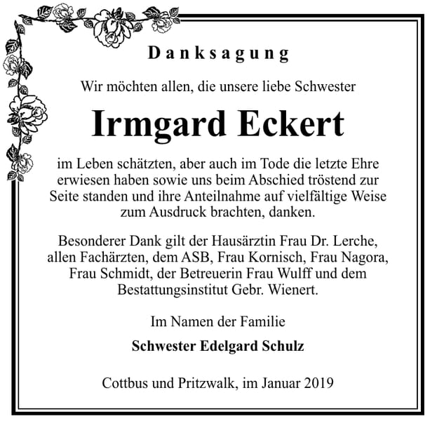 Traueranzeige Irmgard Eckert