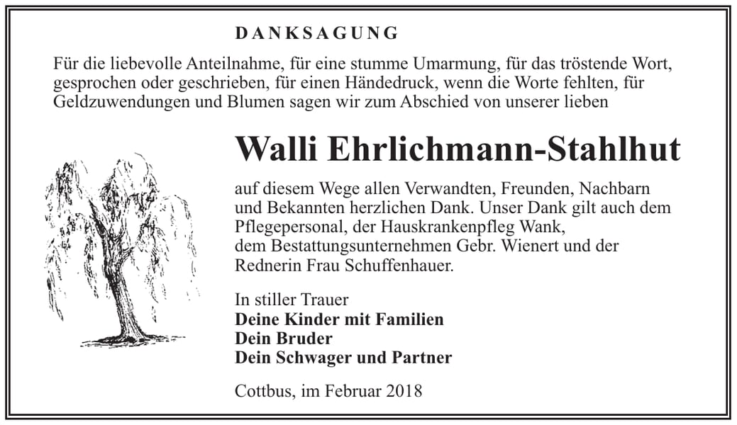 Danksagung Walli Ehrlichmann-Stahlhut