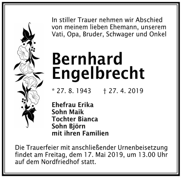 Traueranzeige Bernhard Engelbrecht