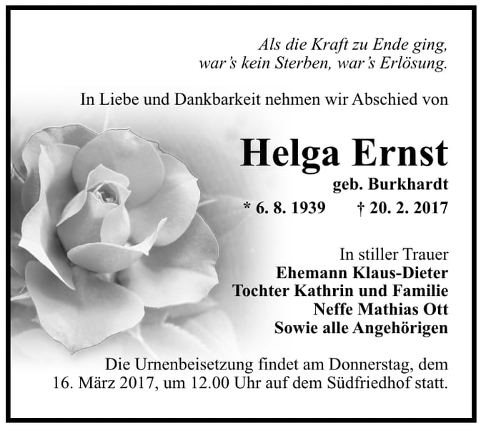 Traueranzeige Helga Ernst, geb. Burkhardt