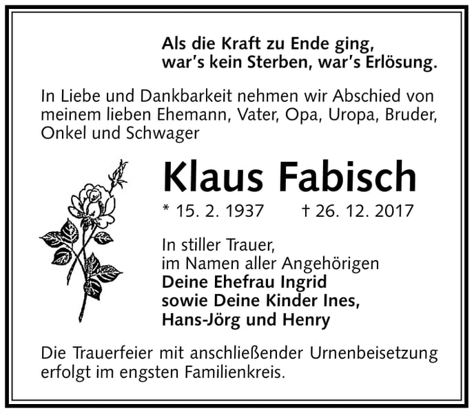 Traueranzeige Klaus Fabisch