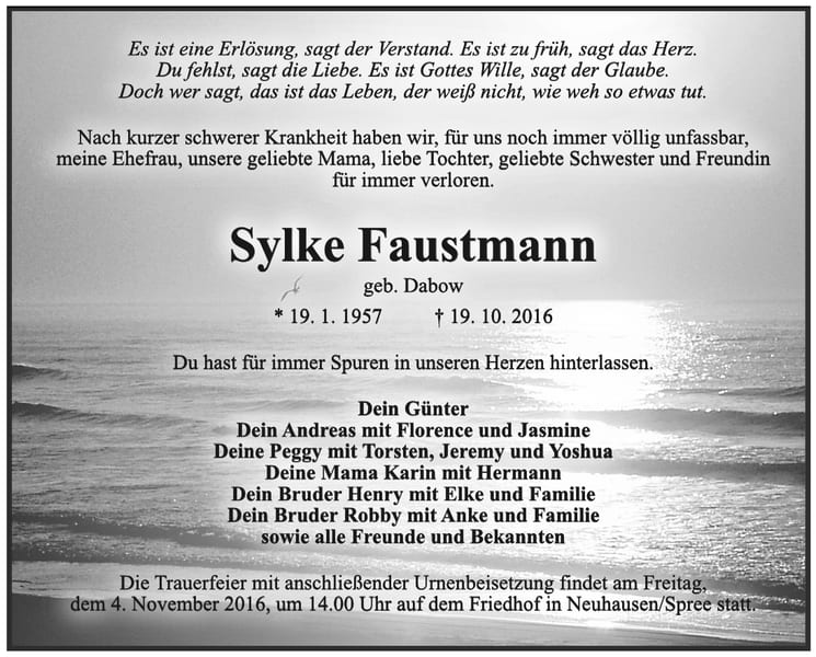 Traueranzeige Sylke Faustmann, geb. Dabow