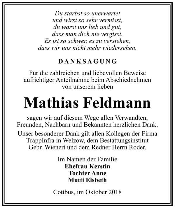 Danksagung Mathias Feldmann