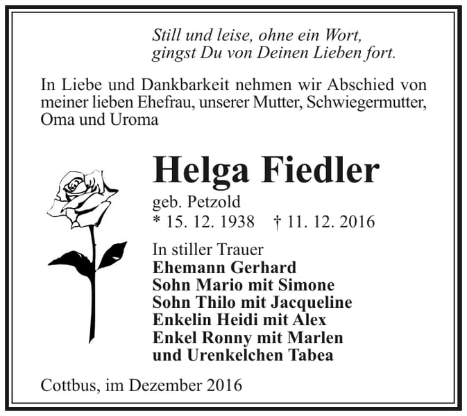Traueranzeige Helga Fiedler, geb. Petzold