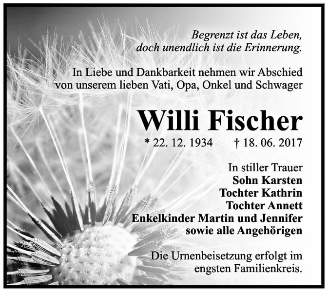 Traueranzeige Willi Fischer