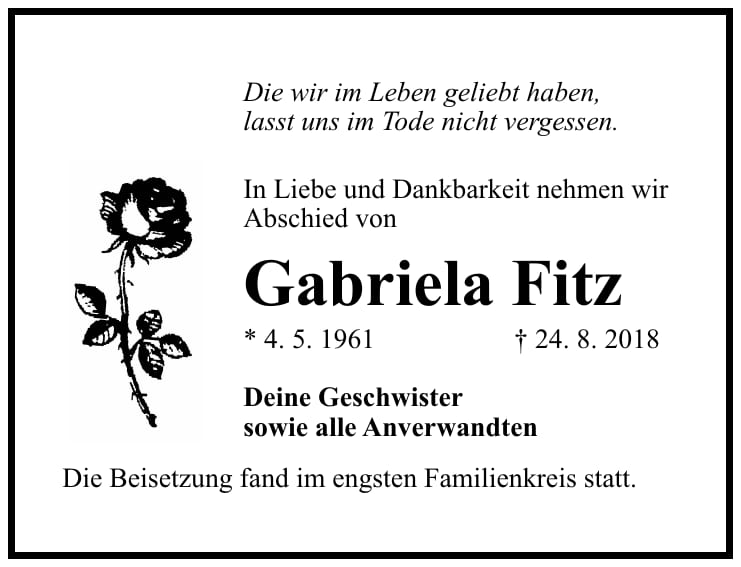Traueranzeige Gabriela Fitz