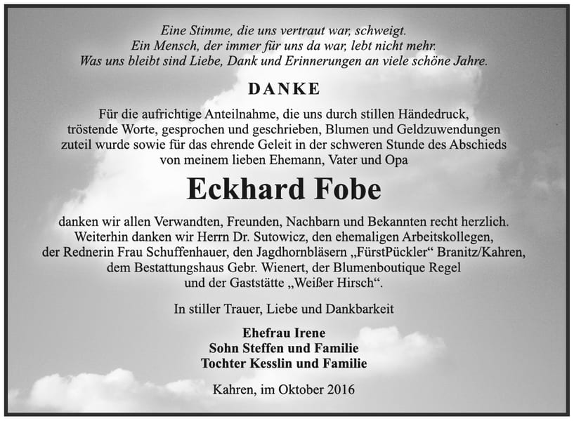 Danksagung Eckhard Fobe