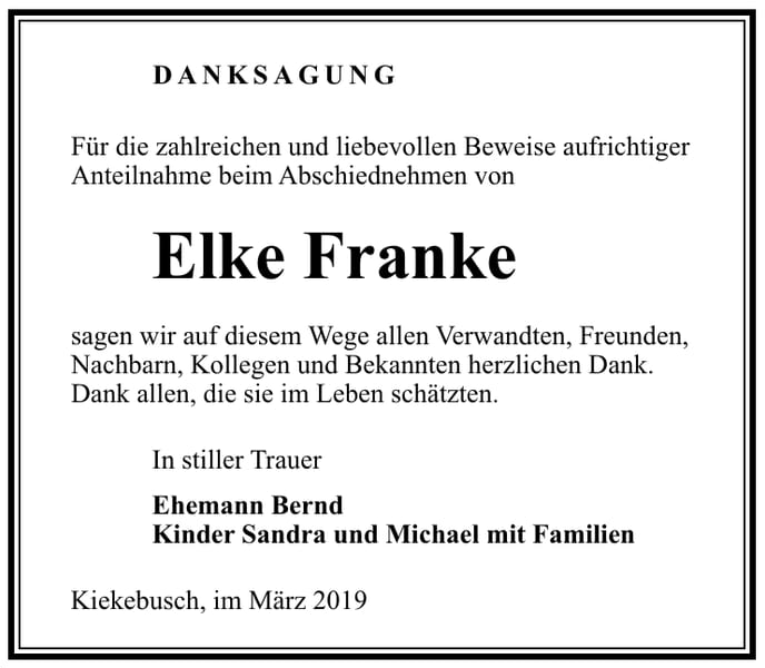 Traueranzeige Elke Franke
