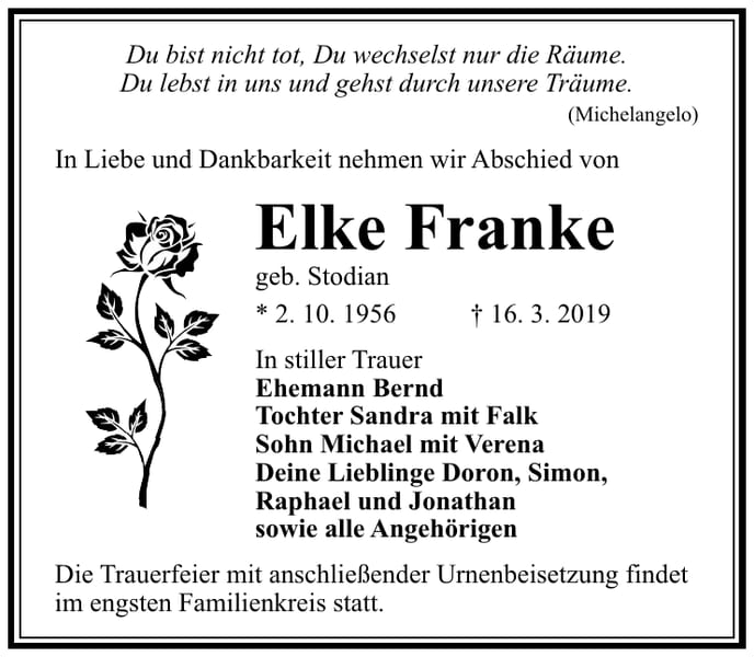 Traueranzeige Elke Franke, geb. Stodian