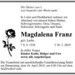 Traueranzeige Magdalena Franz, geb. Lachs