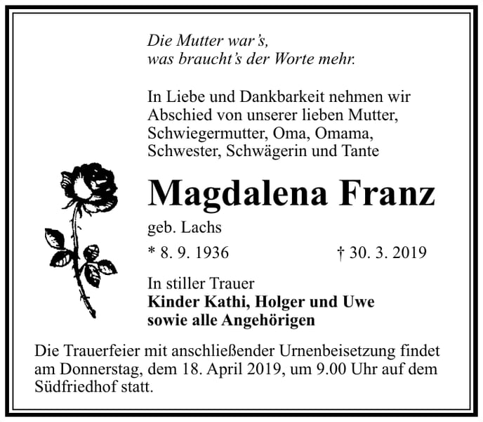 Traueranzeige Magdalena Franz, geb. Lachs