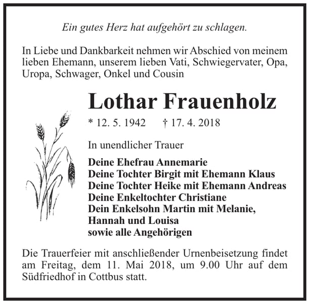 Traueranzeige Lothar Frauenholz
