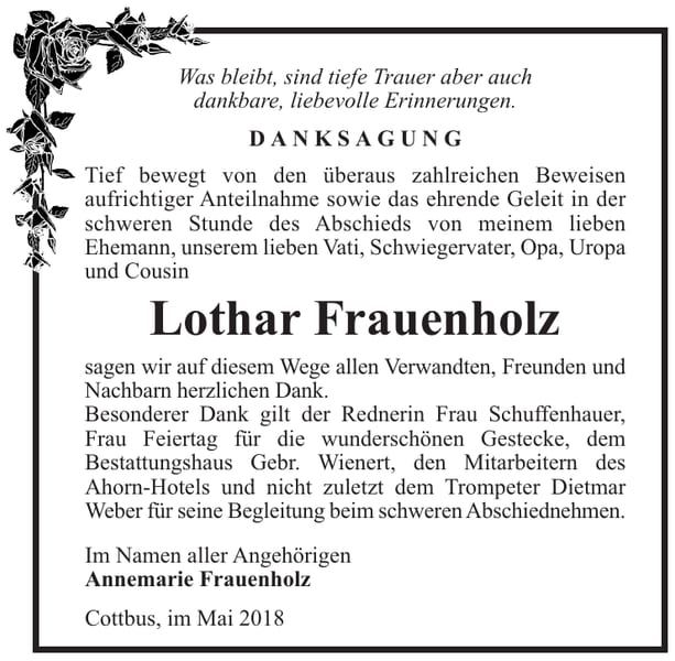Danksagung Lothar Frauenholz