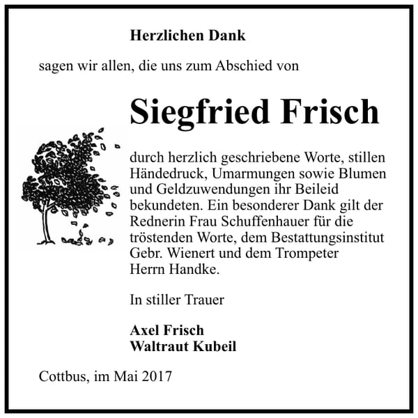 Danksagung Siegfried Frisch