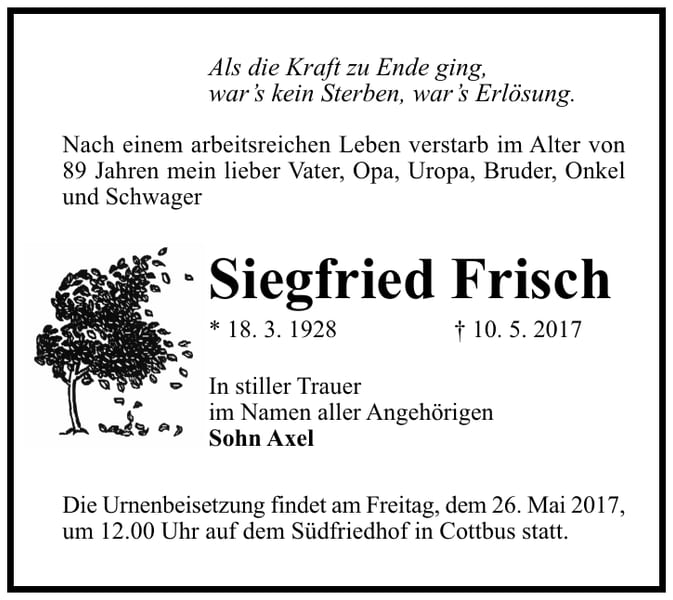 Traueranzeige Siegfried Frisch