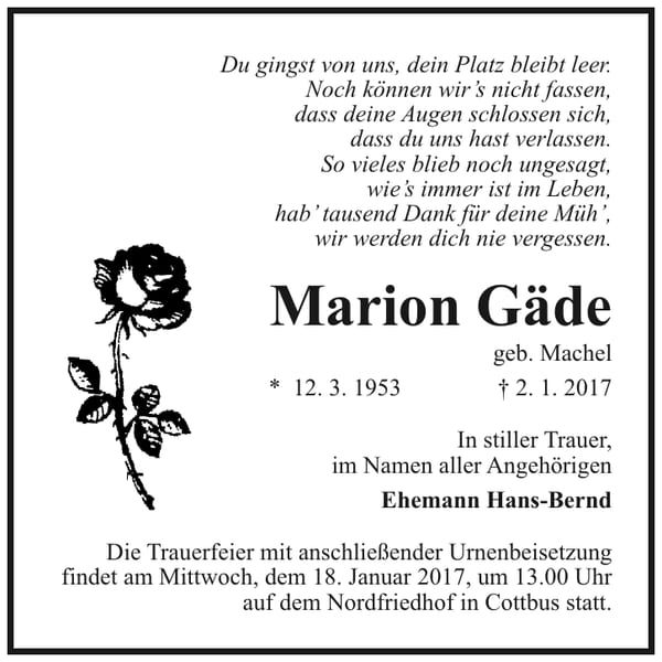 Traueranzeige Marion Gäde, geb. Machel