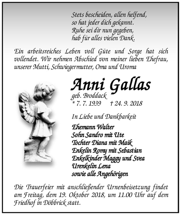 Traueranzeige Anni Gallas geb. Broddack