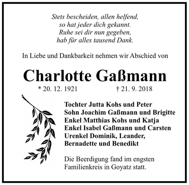 Traueranzeige Charlotte Gaßmann