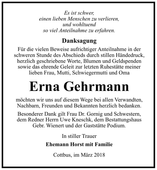 Danksagung Erna Gehrmann