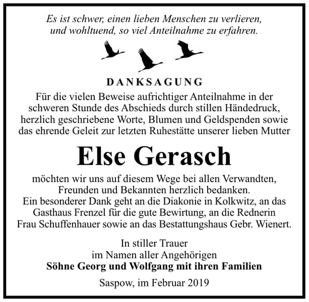 Traueranzeige Else Gerasch